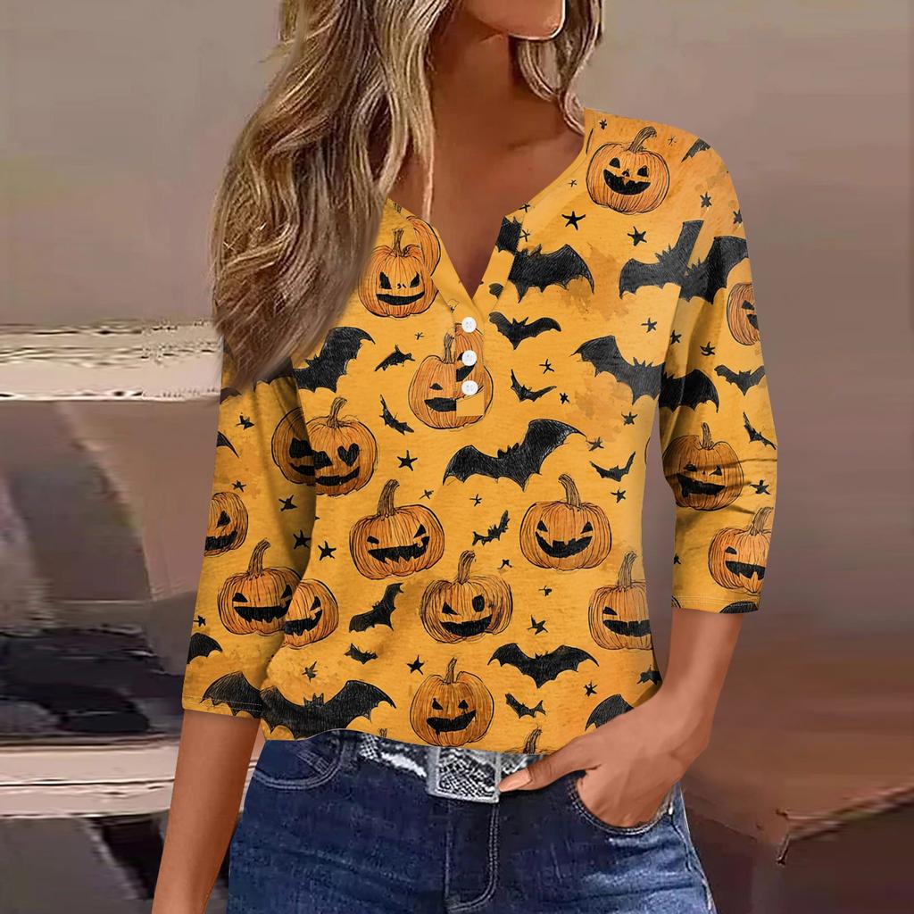 Damen V-Ausschnitt Knopf Halloween Dreiviertelarm T-Shirt Top