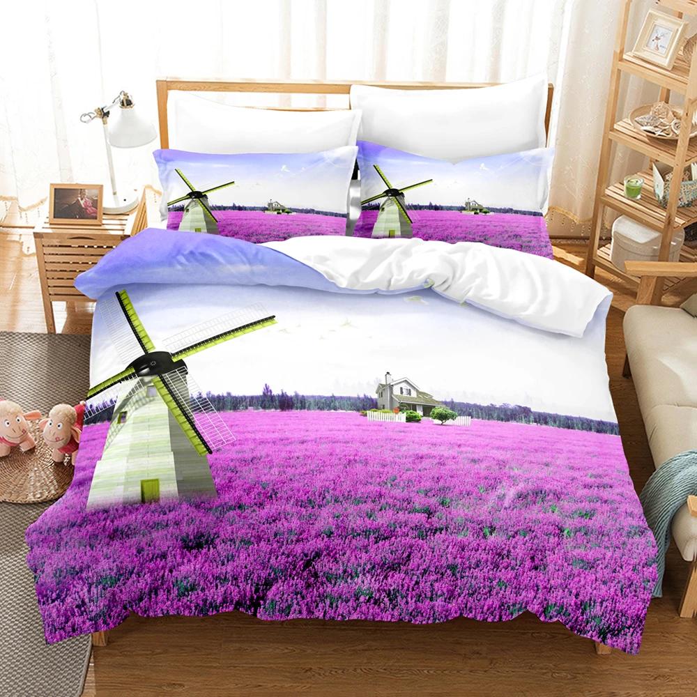 Lavender Bedding Duvet Cover +pillowcases Pastoral Village Purple/ Field Comforter Cover Sets 2/3 Pcs Microfiber Bed Set King