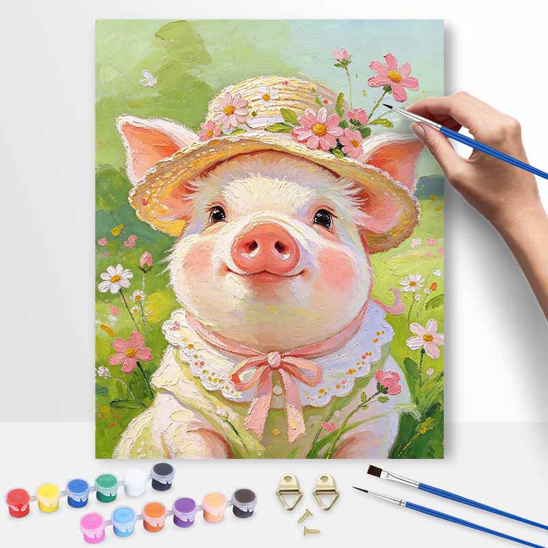 DIY Digital Oil Painting Kit Handpainted oil painting. Cute pig with straw hat. Handmade gift. Home wall decoration.
