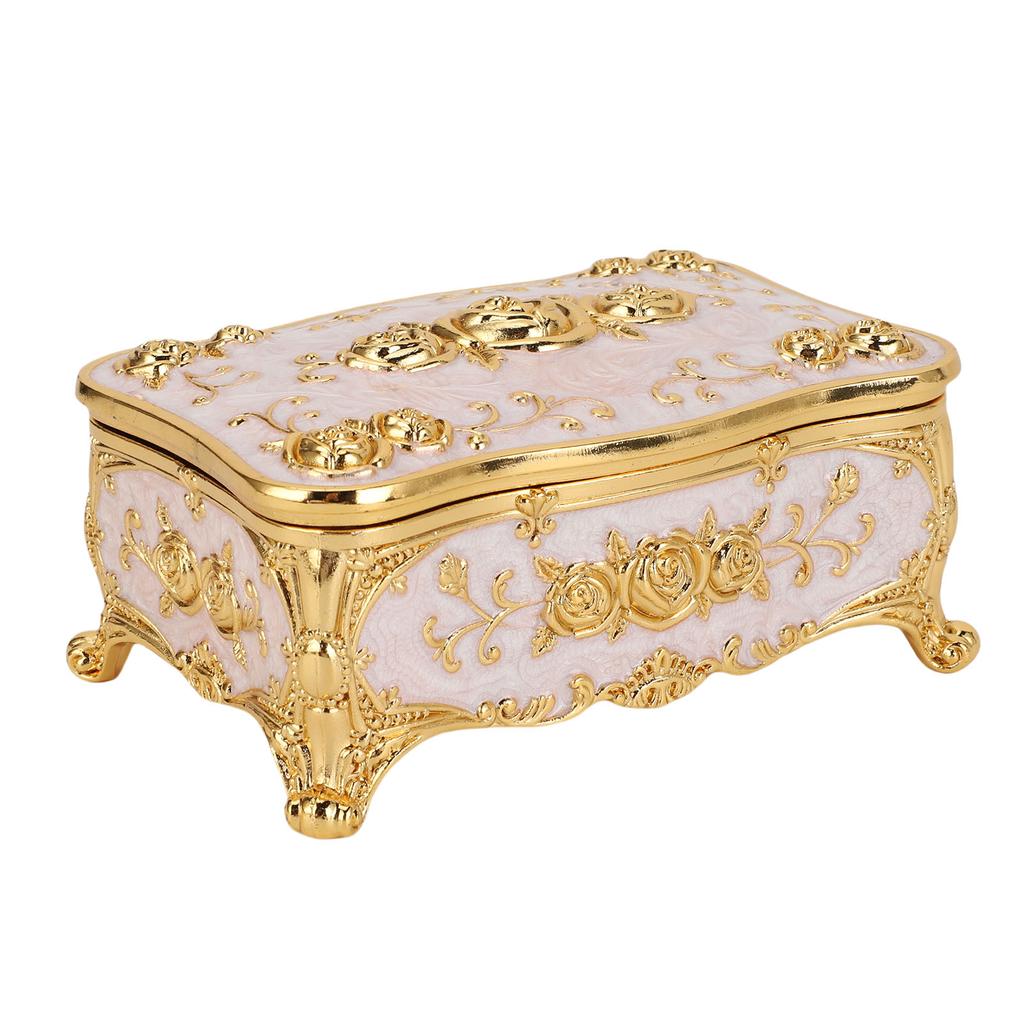 Vintage Jewelry Box Rectangular Exquisite Rose Pattern Zinc Alloy Soft Velvet Lining Trinket Organizer