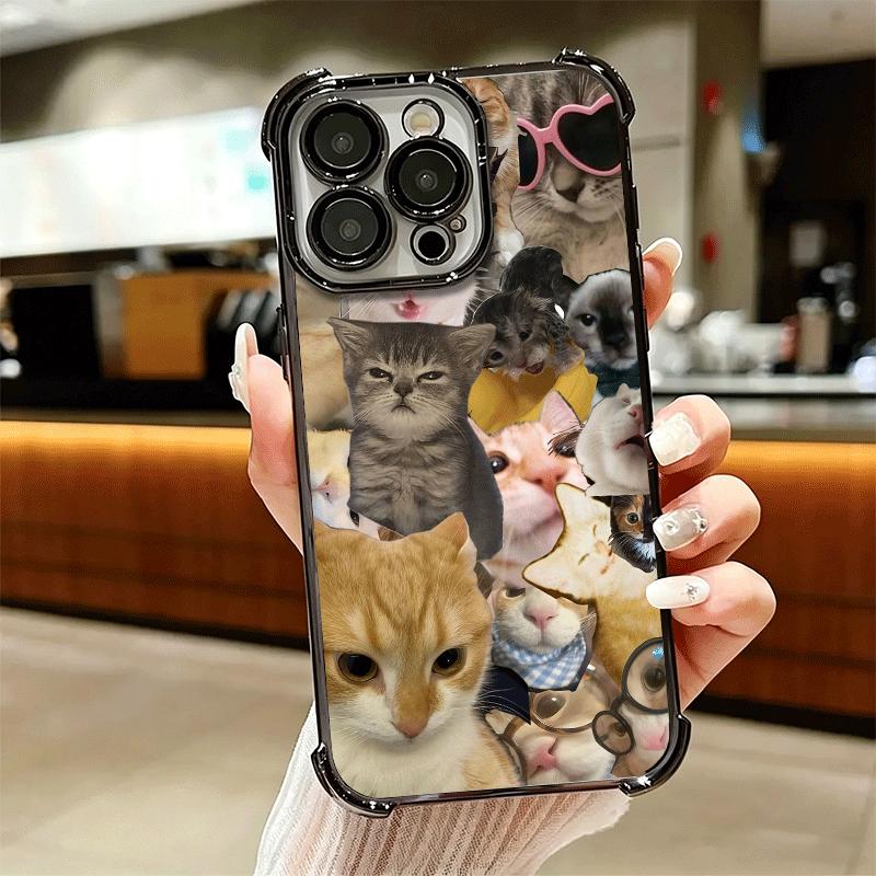 Crying Cats Combine Memes Plating Phone Case For Iphone 16 17 Pro Max Air 16E 14 15 Plus 12 13 Mini Anti-Fall Airabag Cover