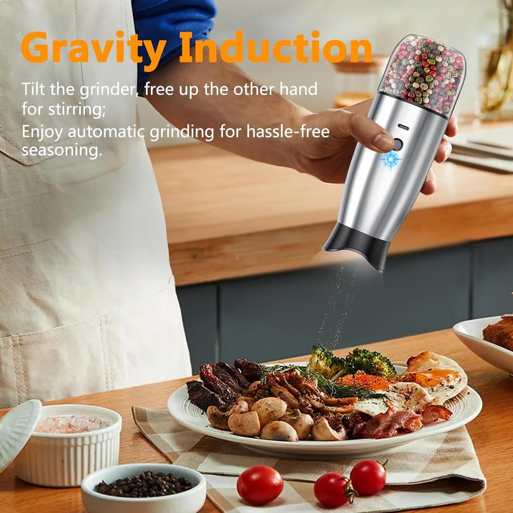 Gravity Electric Salt and Pepper Grinder Set, USB Rechargeable, No Battery Needed, Adjustable Coarseness, Automatic Mill Grinder with Warm LED Light,