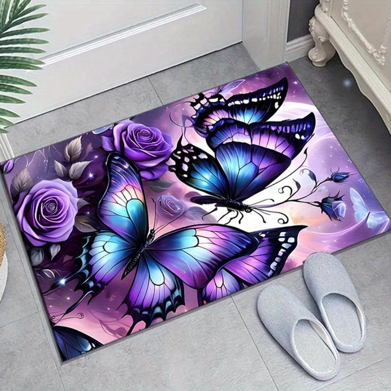 Crystal Velvet Purple Butterfly Printed Area Rug for Bedroom And Living Room Home Decoration, Non-Slip Mat for Bedside.