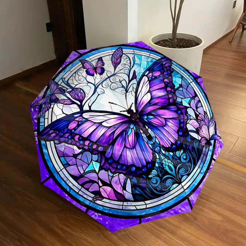 

Stained Butterfly Design Automatic Opening Folding Umbrella with 8-Bone Iron Frame, Suitable for Fans, Travel, Daily Use, and Gift Giving112