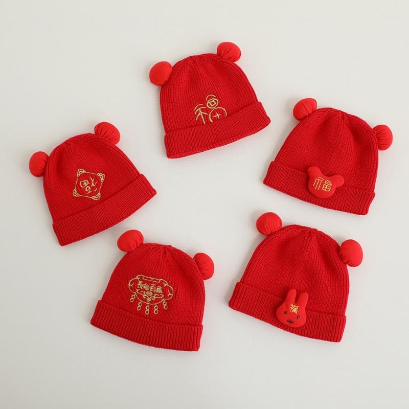 Red Knitted Hat Soft Baby Bonnet Cap Beanie Cap for Baby Infant Toddler Newborn Chinese Theme Winter Warm Hairball Hat