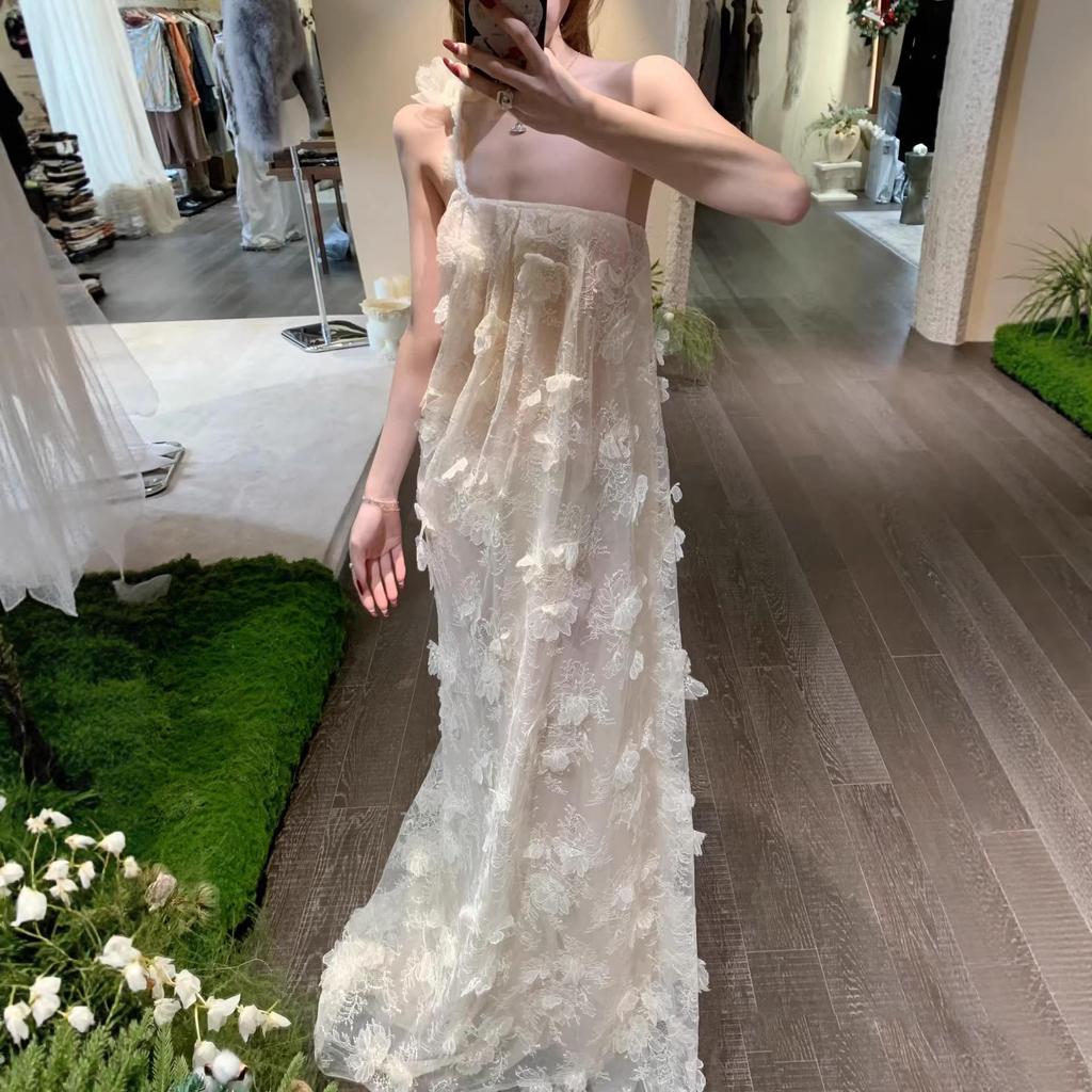 3D Floral Lace Beaded Strappy Backless Long Dress - Early Spring Collection