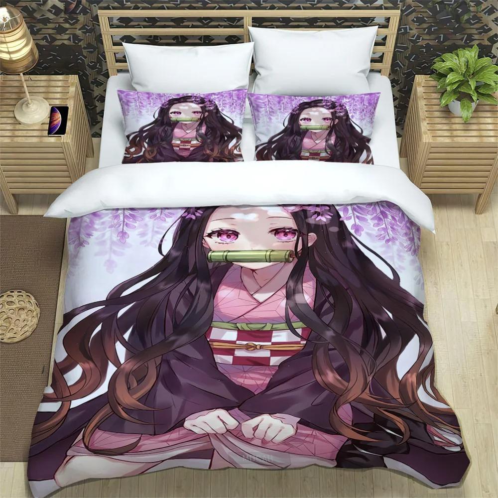 Japanese Manga Demon Slayer Personalized Customization Bedding Set Soft Duffel Cover Pillowcase Comic Adolescent Sheet Set