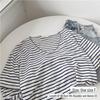 Women's Light Blue Striped V-Neck Bamboo Cotton Short-Sleeve T-Shirt - Loose Fit, Slightly Transparent
