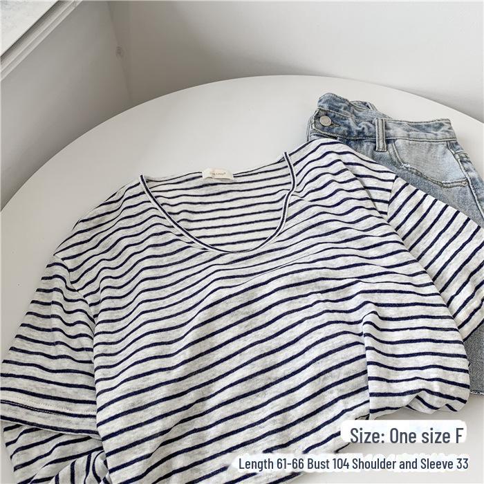 Women's Light Blue Striped V-Neck Bamboo Cotton Short-Sleeve T-Shirt - Loose Fit, Slightly Transparent