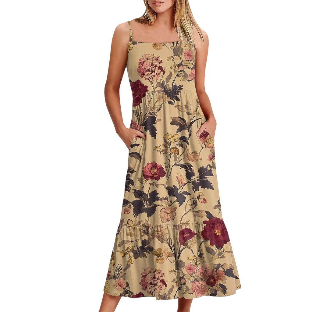Women's Long Beach Casual Elegant Spaghetti Strap Maxi Dress Stitching Low-key Flowing Bohemian Dress