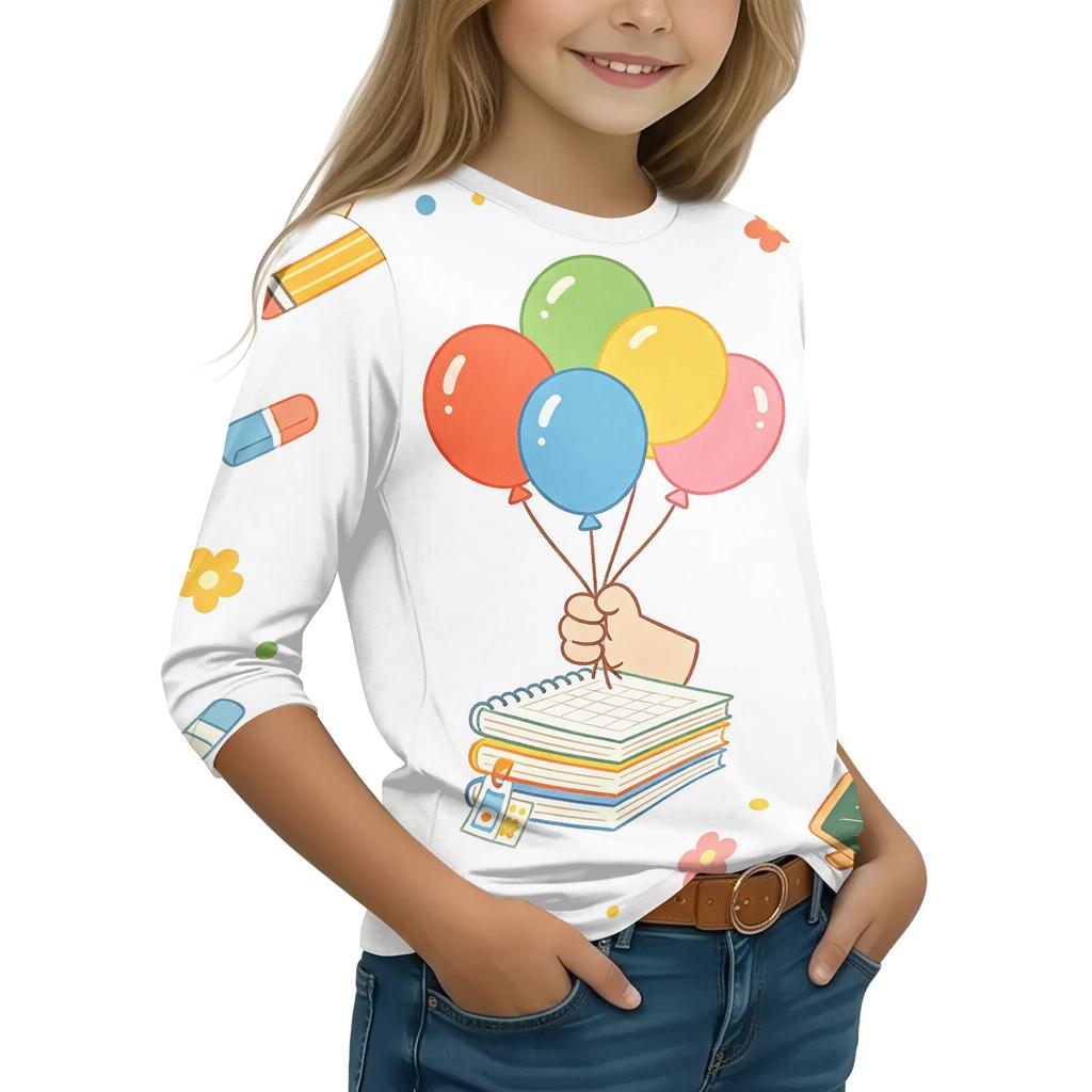 Children's Casual Printed 3/4 Sleeve Round Neck T-Shirt for Back to School Everyday Wear