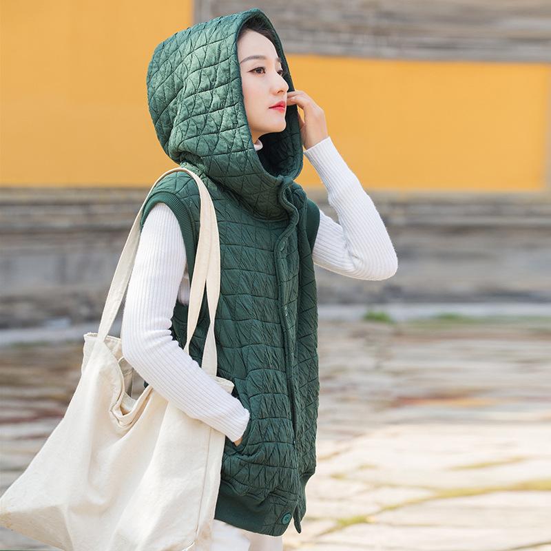 

Johnature женские винтажные жилеты с капюшоном пальто без рукавов теплые толстые осенние однотонные женские жилеты на пуговицах пальто One Size зелёный