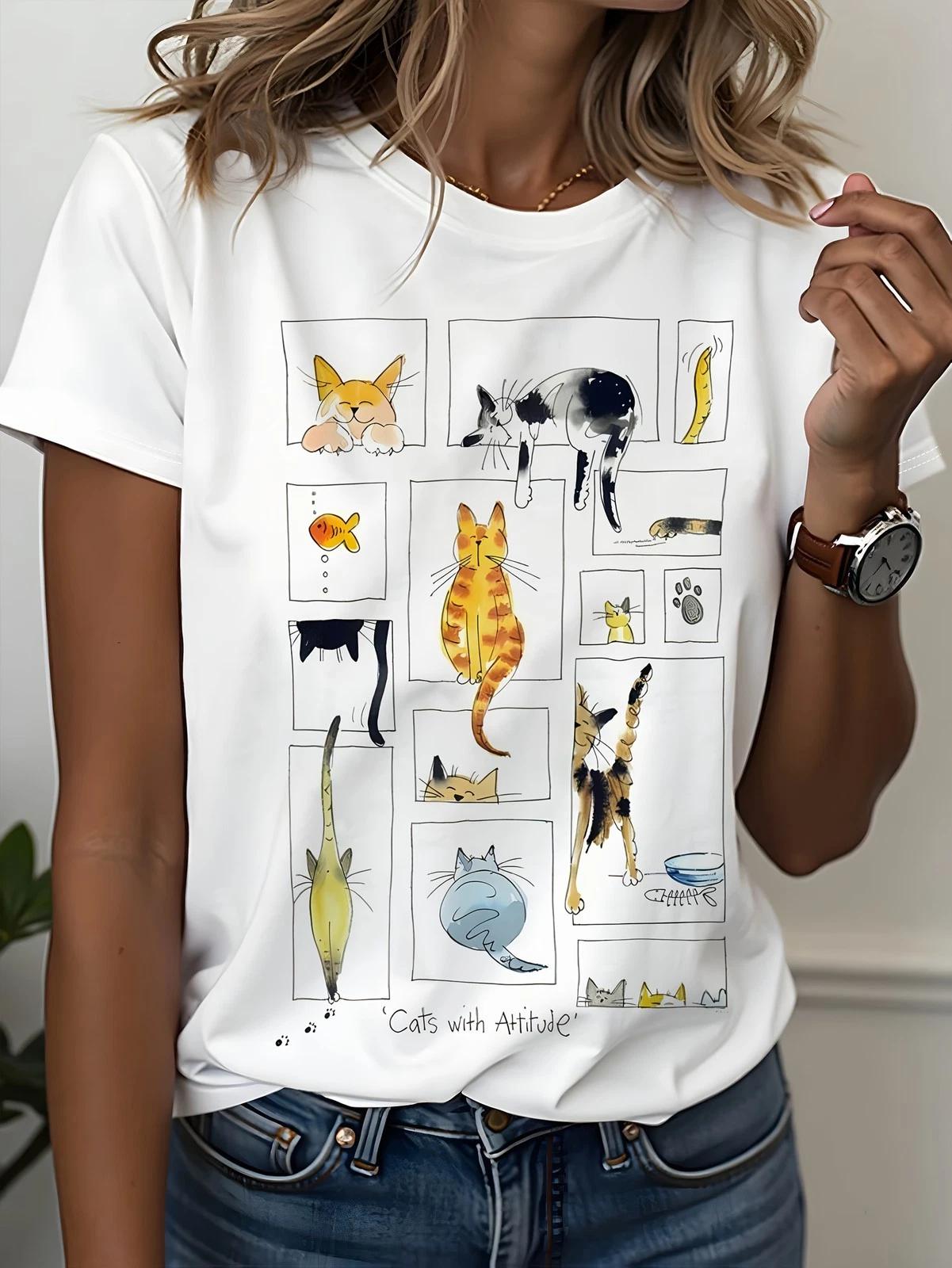 Watercolor Cat Windows T-Shirt | Playful Multi-Cat Boutique Graphic Tee S