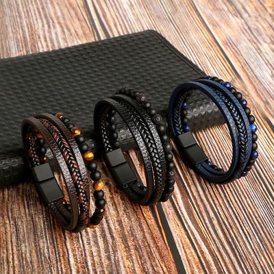 Klassiek Mode Tijgeroog Kralen Meerlaags Leren Armband voor Mannen Handgeweven Leer Mannen Armbanden Punk Bangel Sieraden voor Mannen ARI
