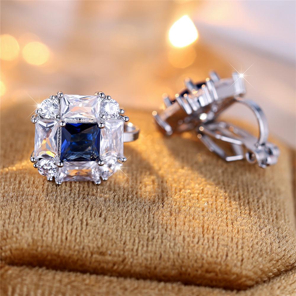 Cute Female Blue White Stone Clip Earrings Charm Silver Color White Zircon Stone Wedding Jewelry For Women