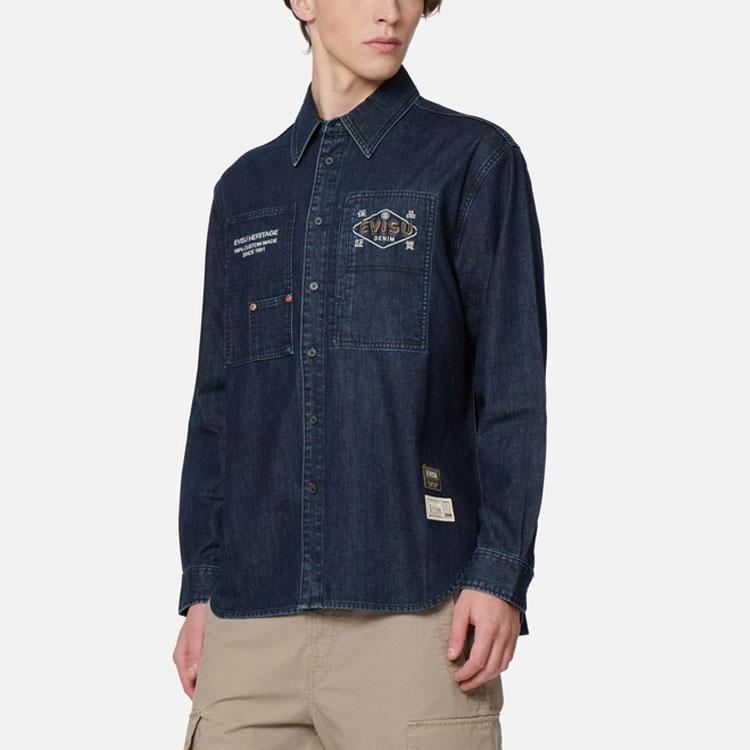 Evisu Classic Big M Print Long Sleeve Shirt Men Shirts Denim-Blue 2EAHTM2SL159RXDN