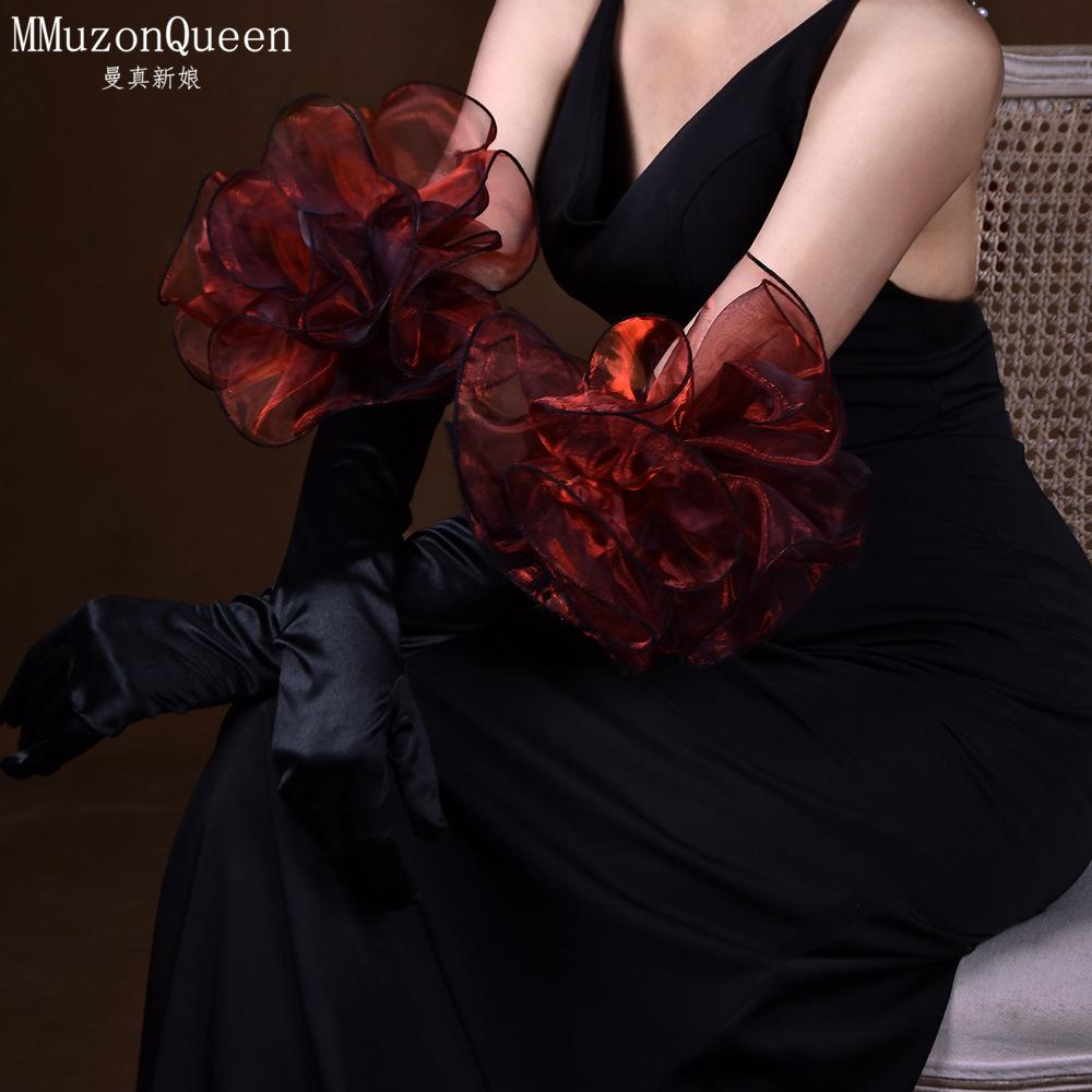 Long Satin Opera Gloves with Large Shimmer Red Organza Flower, Evening Party Formal Wedding Prom Photo Shoot Costume Arm Gloves