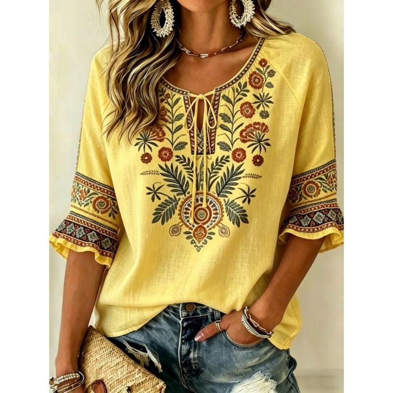 Women's Pink Floral Embroidered Tie Neck Blouse, Casual Loose Tops for Spring Summer Daily Wear & Vacation Occasions