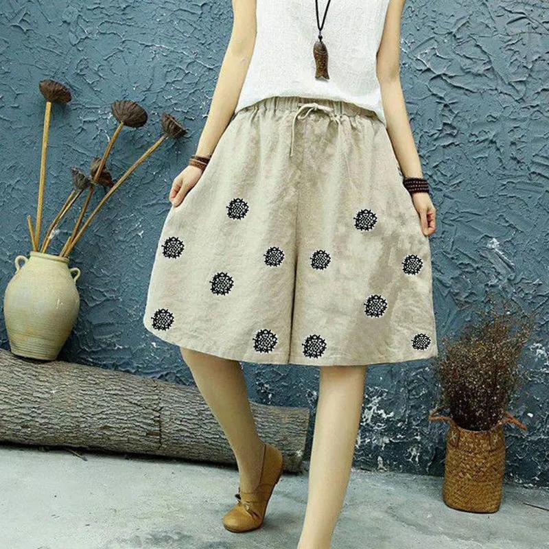 Women's Summer Vintage Literary Embroidery Five Points Trousers Loose and Comfortable Casual Trousers