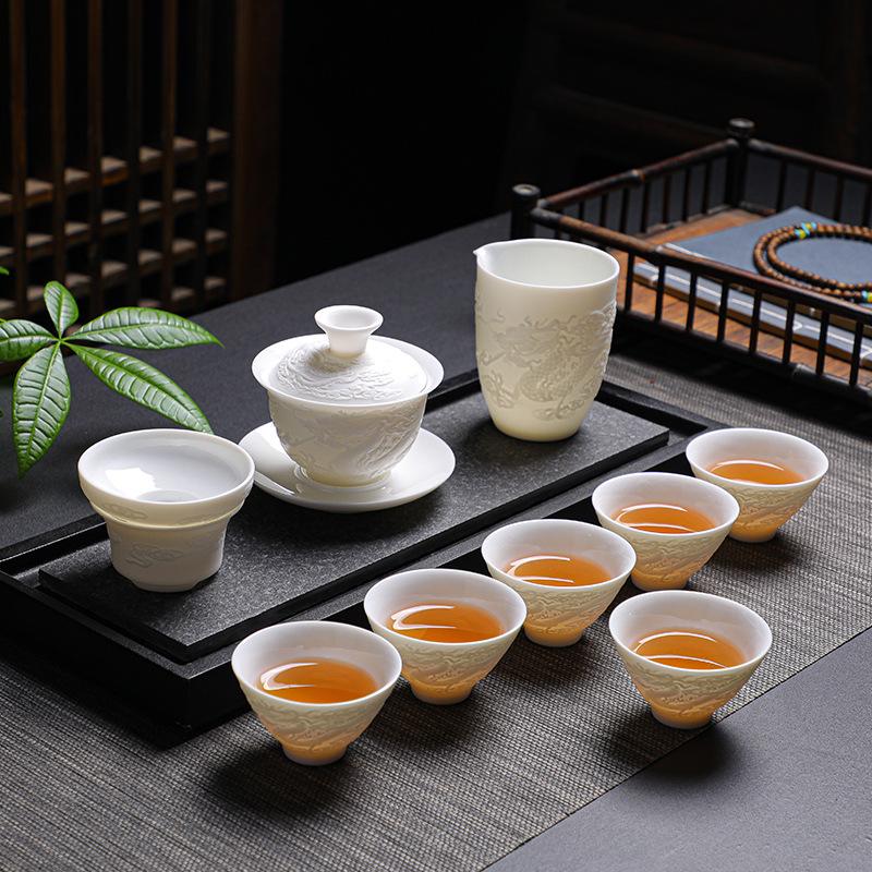 Dehua relief suet jade white porcelain tea set business simple six cups kung fu tea set gift box set gift