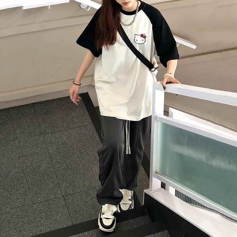 Junior High School Students Foreign Style Hello Kitty Short-sleeved T-shirt Women's Summer New Shoulder Plugged Loose Oversize Fat Mm Top
