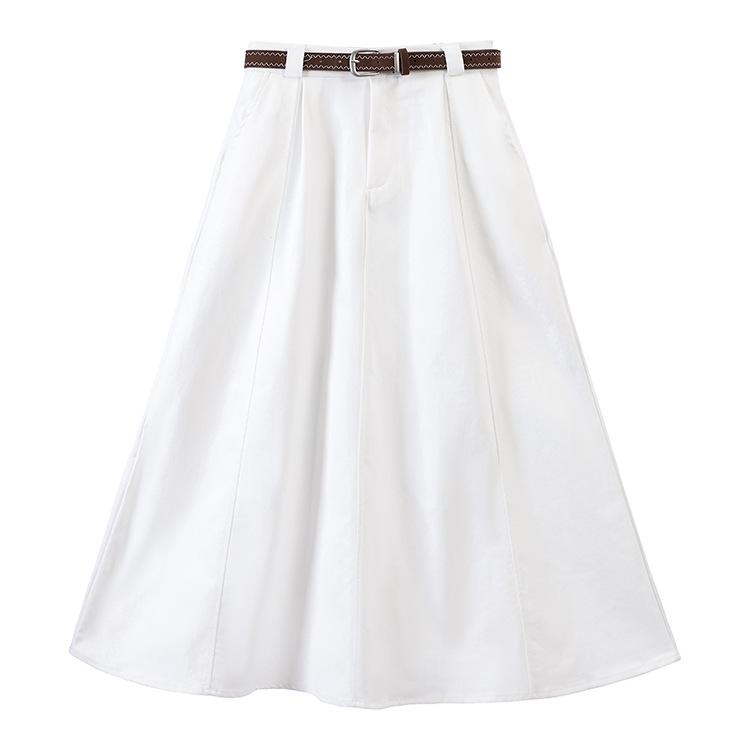 

Women s Retro A-line Midi Skirt with Belt and Double Pockets in Solid Washed Cotton Large