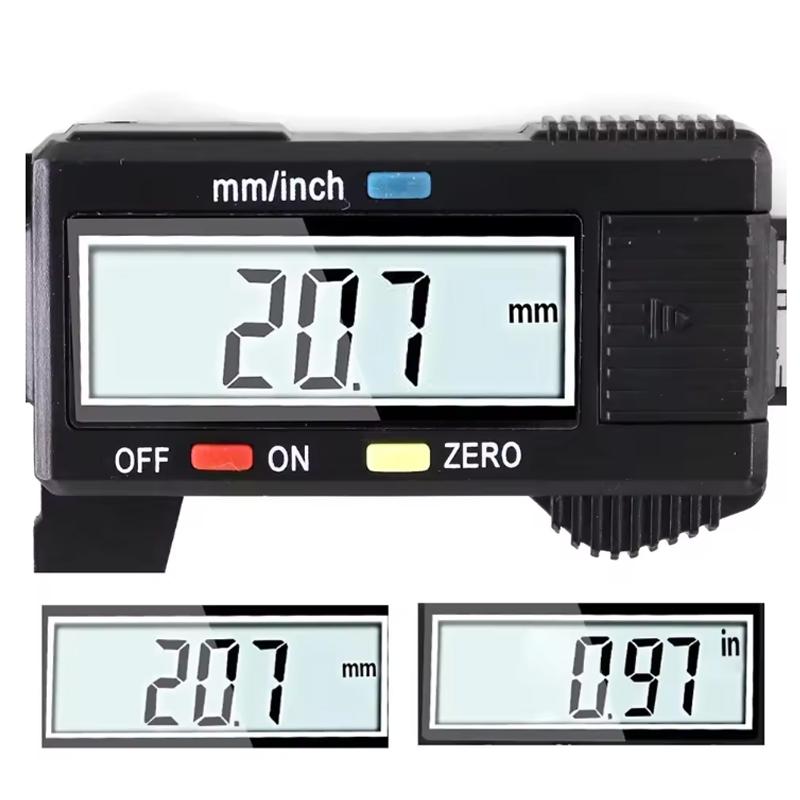 Plastic calipers, digital display calipers. Measurement and design tools, home tools. Battery-powered (battery not included
