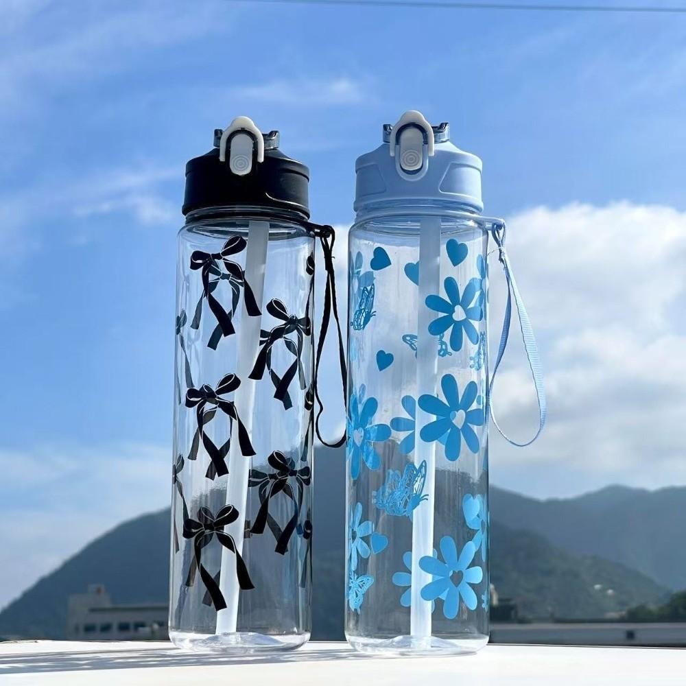 Large Capacity 800ml Water Bottle PC Floral Bow Print Straw Cup with Handle Portable Water Cup Outdoor Sports