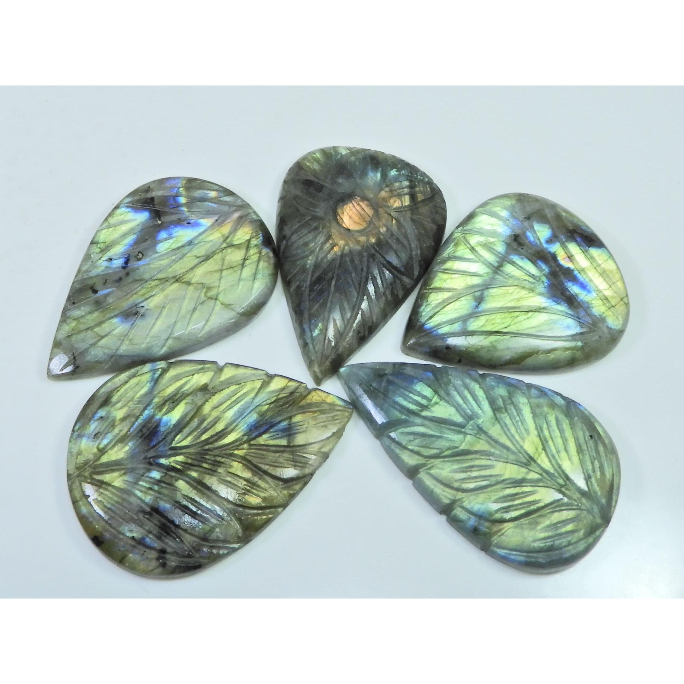 300Cts. Natural Labradorite Carving Pear Cabochon Loose Gemstone 05Pcs Lot LL-1125