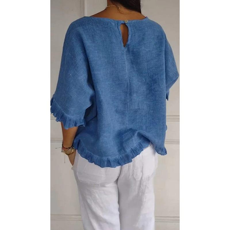 Blusa in Lino da Donna a Manica Pipistrello con Scollo Tondo, Orlo Arricciato, Colore Unito, Taglie Forti