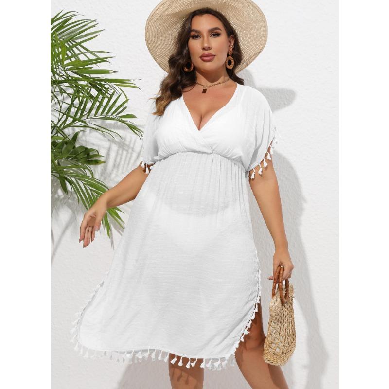 

Женское пляжное платье больших размеров, праздничное бикини, накидка, платья с глубоким V-образным вырезом на талии и кисточками 3XL белый