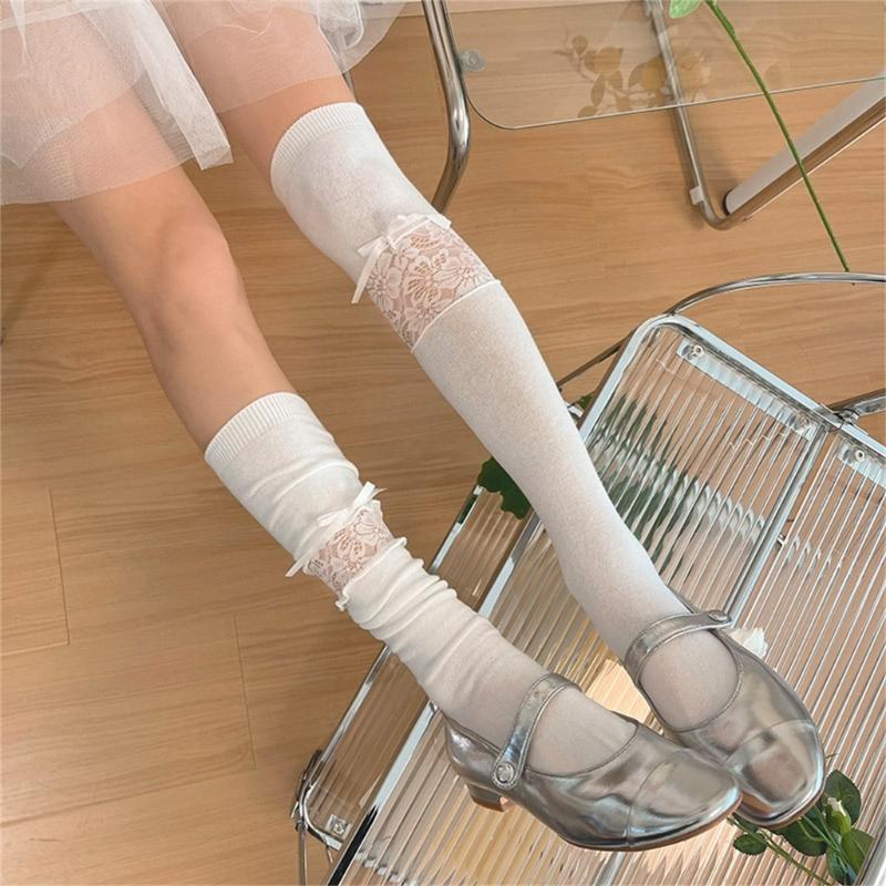 Women Lace Patchwork Calf Sock Knee Length Socks Lacing Up Knee Sock Fashion Mesh Knee Stockings Sexy Mesh Calf Socks