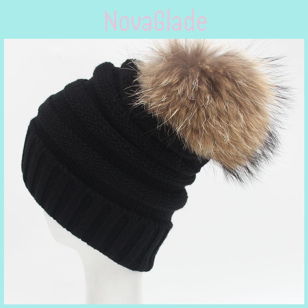 Women Knitted Stripe Hairball Hat Thickened Design Outdoors Keep Warm Gifts