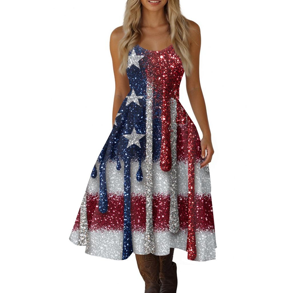 Women's Casual Fashion Independence Day Print V-Neck Retro Sleeveless Dress