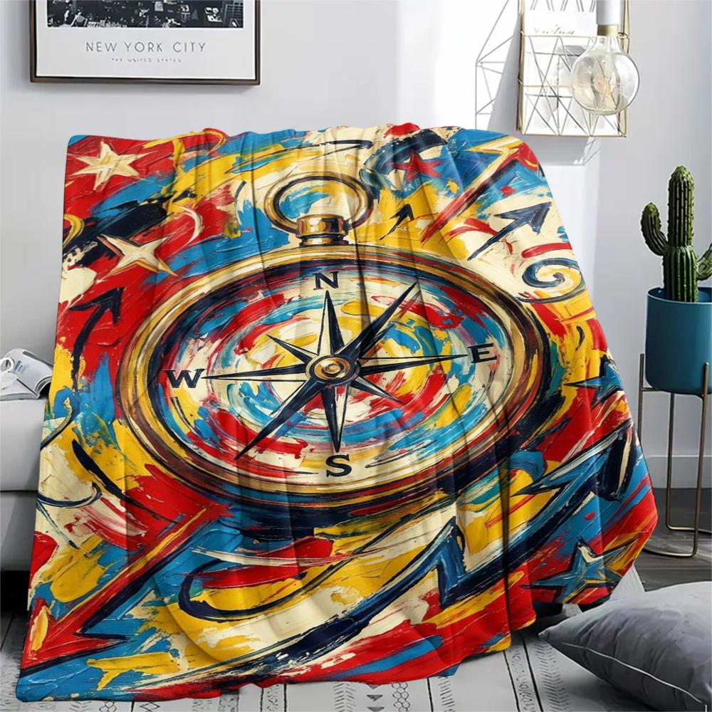 1Pc Compass Print Flannel Blanket, High Quality Comfortable for All Seasons, Home Decor, Warmth and Comfort, Perfect for Christmas Gifts W168