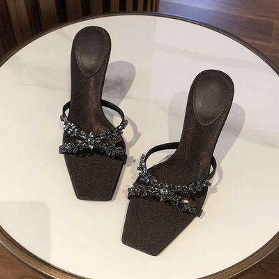 Rhinestone Cross with Sandals Women's Summer 25 New Leaf Chain High Heels Square Head Horseshoe Heel One Word with Cool Slippers