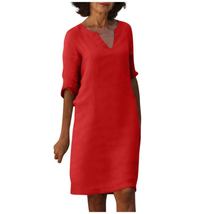 Retro High Waist V-Neck Cotton Linen Dress European American Style Solid Color Washed Wrinkled Fabric Three Quarter Sleeves