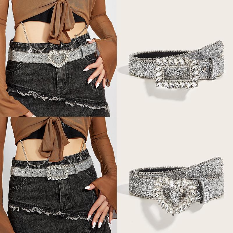 Belt For Women Men Y2K, Rhinestone Buckle Waist Strap Western Cowboy Shiny Pu Leather