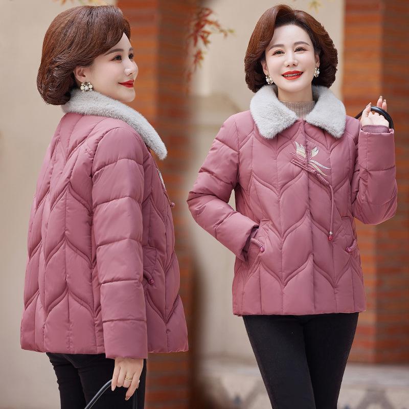 Cotton jacket women's short plush lapel embroidered buckle middle-aged and elderly temperament is versatile, lined with fleece cold clothing