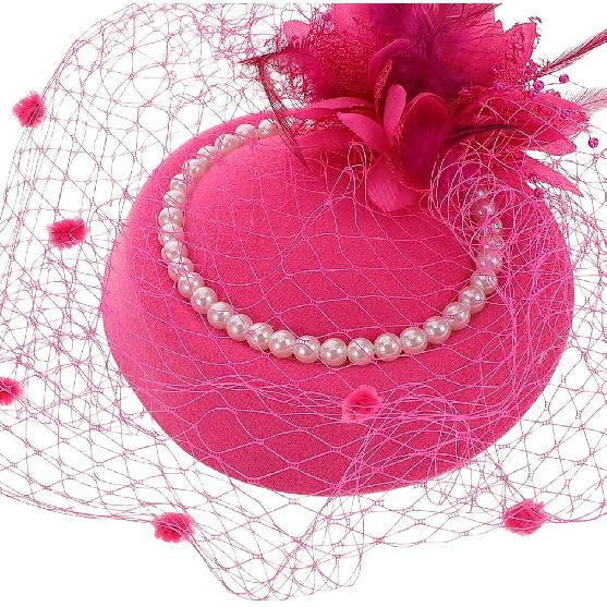 Fascinator Hat for Women Mesh Veil Pearl Decorative Hair Clip Rose Red Small Bridal Headpiece for Tea Party Banquet and Special Occasion Accessories