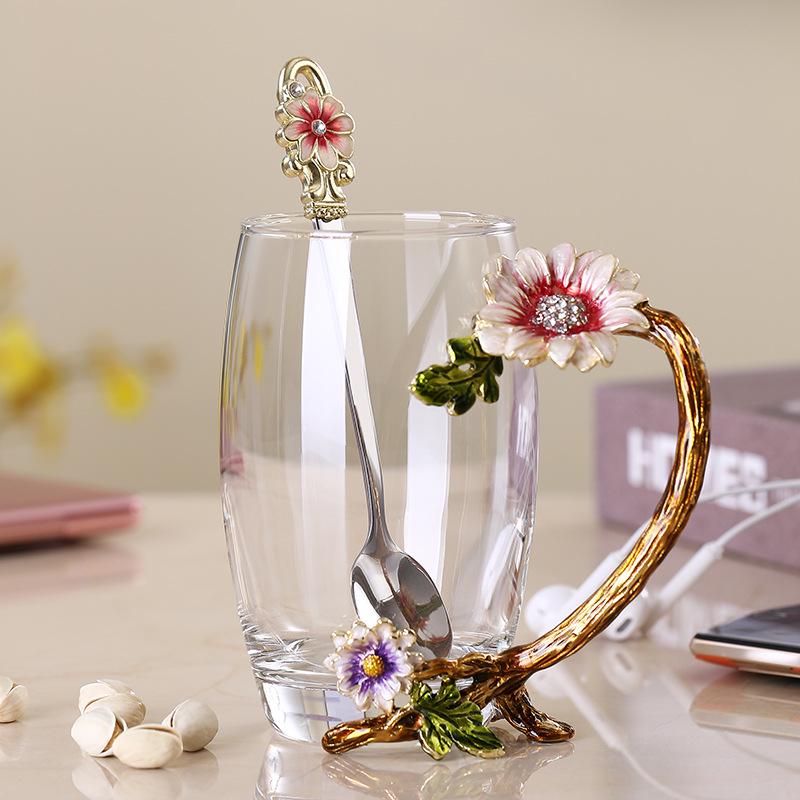 Paris March Enamel Flower Tea Cup - High-Temp Resistant Crystal Glass Gift for Teacher's Day or Girlfriend