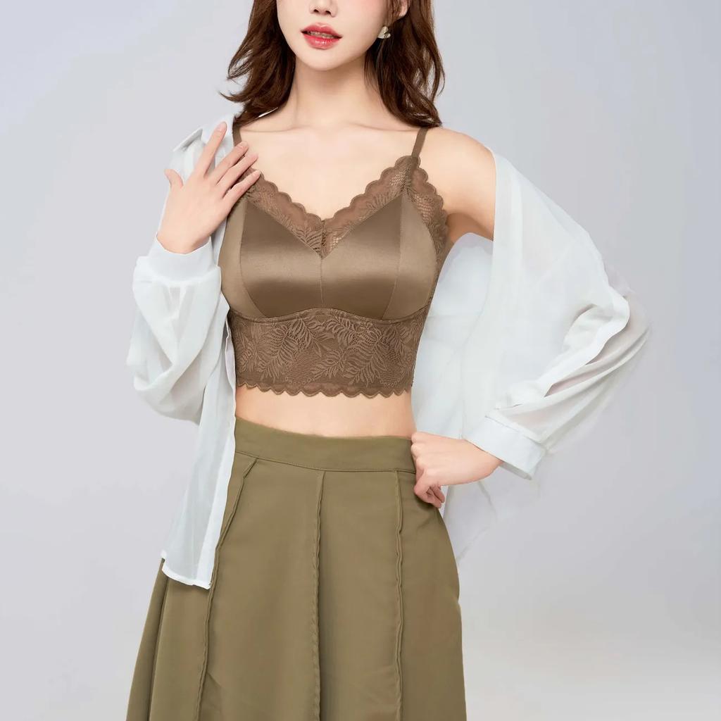 French Style Satin Lace Fixed Cup Camisole, Sexy Breathable Sheer Inner Wear Women's Tank Top