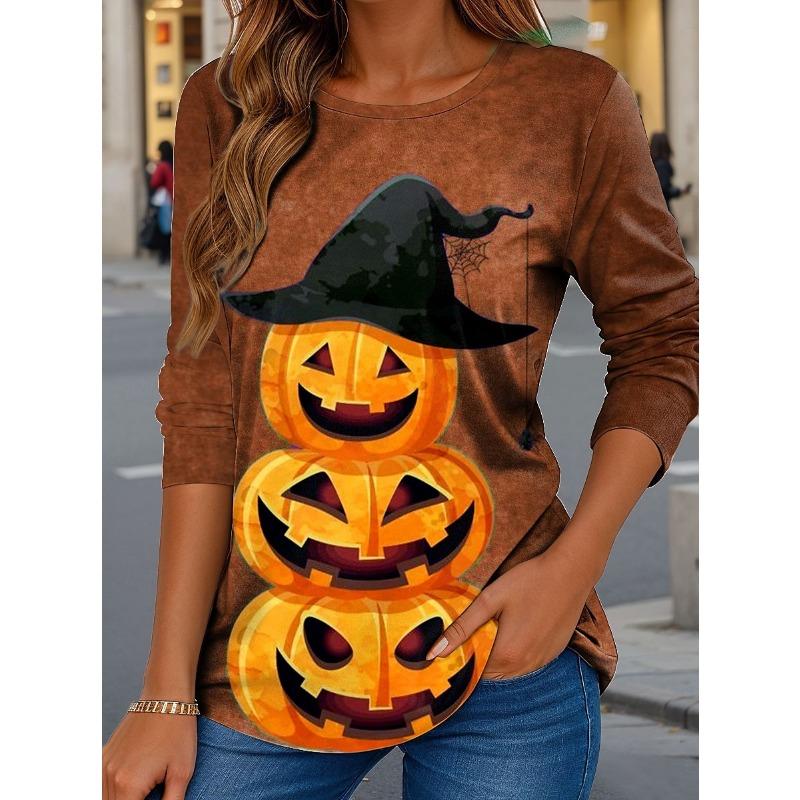 2025 Women Casual Long Sleeve Tops Graphic Halloween Pumpkin Tee Shirts Blouse Crewneck Fall Winter Streetwear Style Pullover