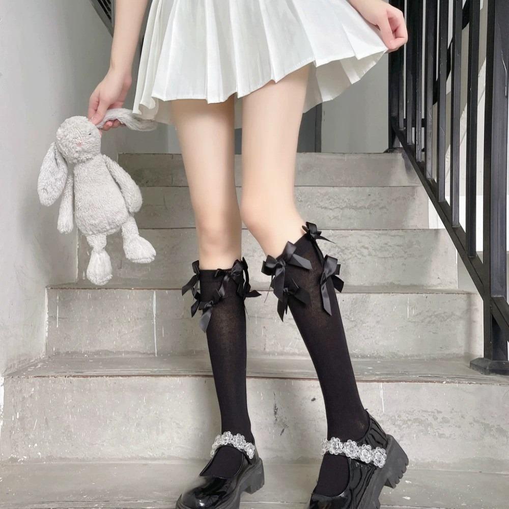 Multiple Bow Tube Socks Children Summer Thin Cute Japanese Design Sense Black Jk Calf Socks Babes