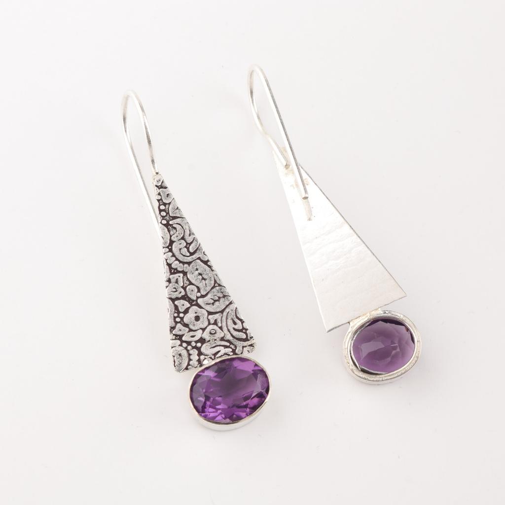 Natural Amethyst Gemstone 925 Sterling Silver Jewelry Handcrafted Earrings 1.9" EE-165-12