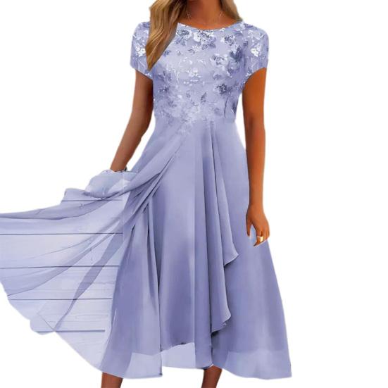 O-Neck Short Sleeve Waist Tight High-waisted Evening Dress Elegant Embroidery Lace Floral