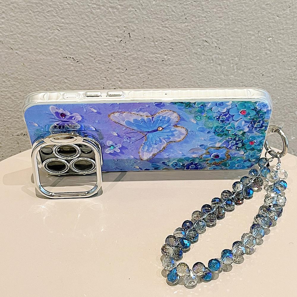 Invisible lens bracket protective film Phone Case For iPhone 15Pro Max 11 12 13 14 15 14 Plus 12pro 15pro Blue Flower Butterfly Pattern Back Cover