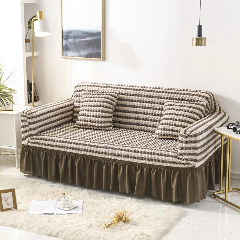 High Elastic Bubble Grid Sofa Cover 1/2/3/4 with Skirt Hem Universal Stretch Couch Protector for Home Living Room Pet Anti Dirt