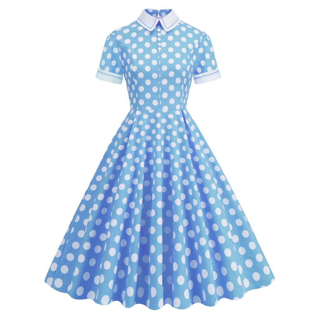 Vintage Polka Dot Dress With Cotton Fabric For Elegant Spring Casual Occasions