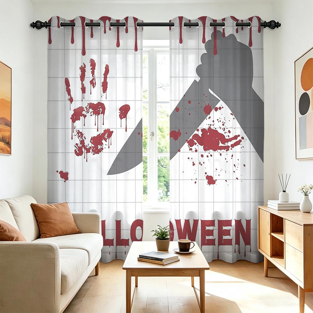2Pcs Perforated Blackout Curtain Light Block Privacy Drape Living Bedroom Halloween Bloody Palm Knife Horror Window Decor